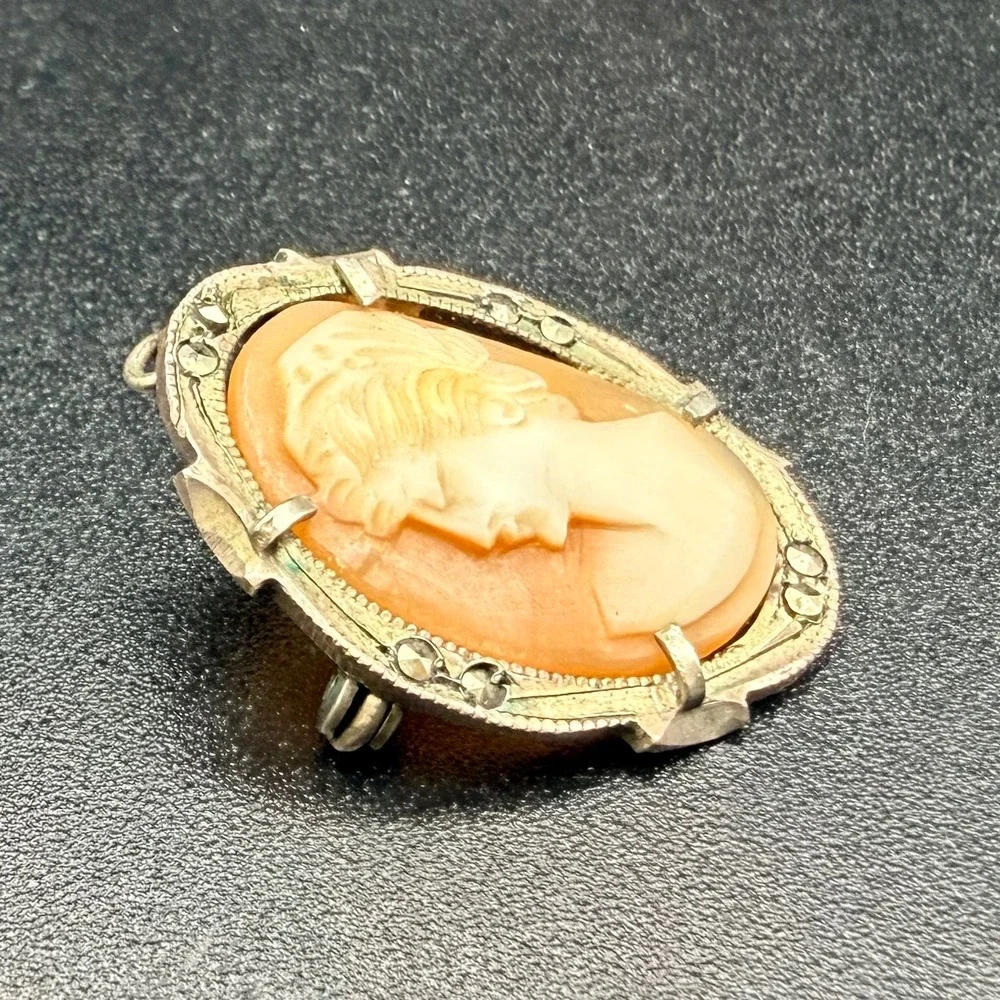 Vintage Shell Cameo Brooch 800 Silver Marcasite Left Facing Small